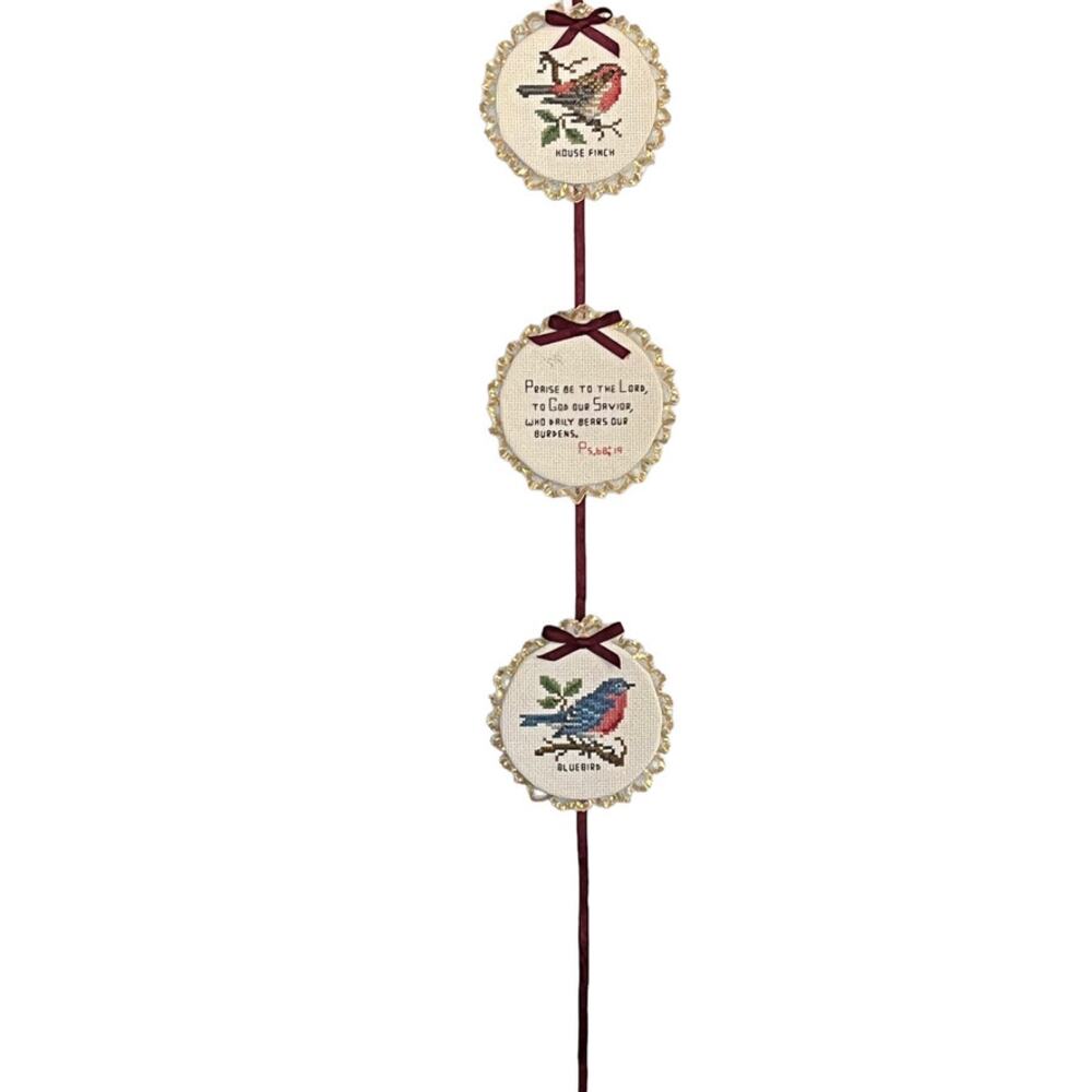 Cross Stitch Praise Be To the Lord House Finch Bluebird Handmade Wall Hanging